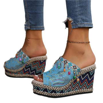 Women’s Peep Toe Wedge Sandals – Summer Chunky Platform Sky Blue Fashion Shoes
