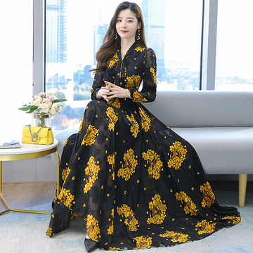 Women's Vintage Floral Printed Chiffon Maxi Long Sleeve Dress