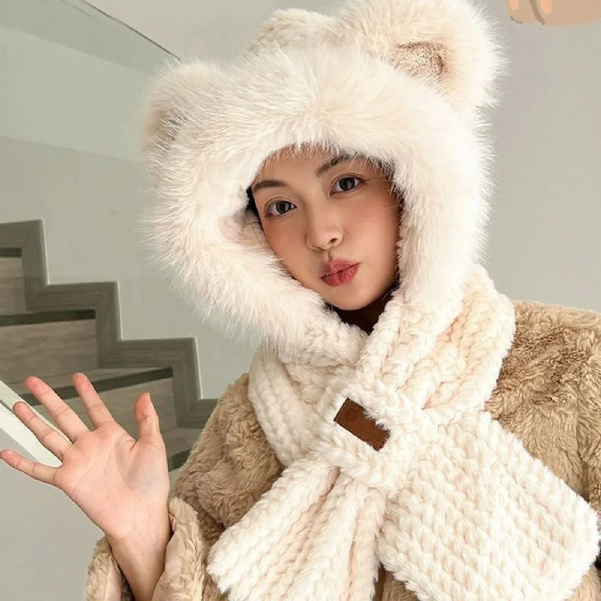 Knitted Fleece Cross Scarves  Ear And Neck Protection Hat Scarf Set