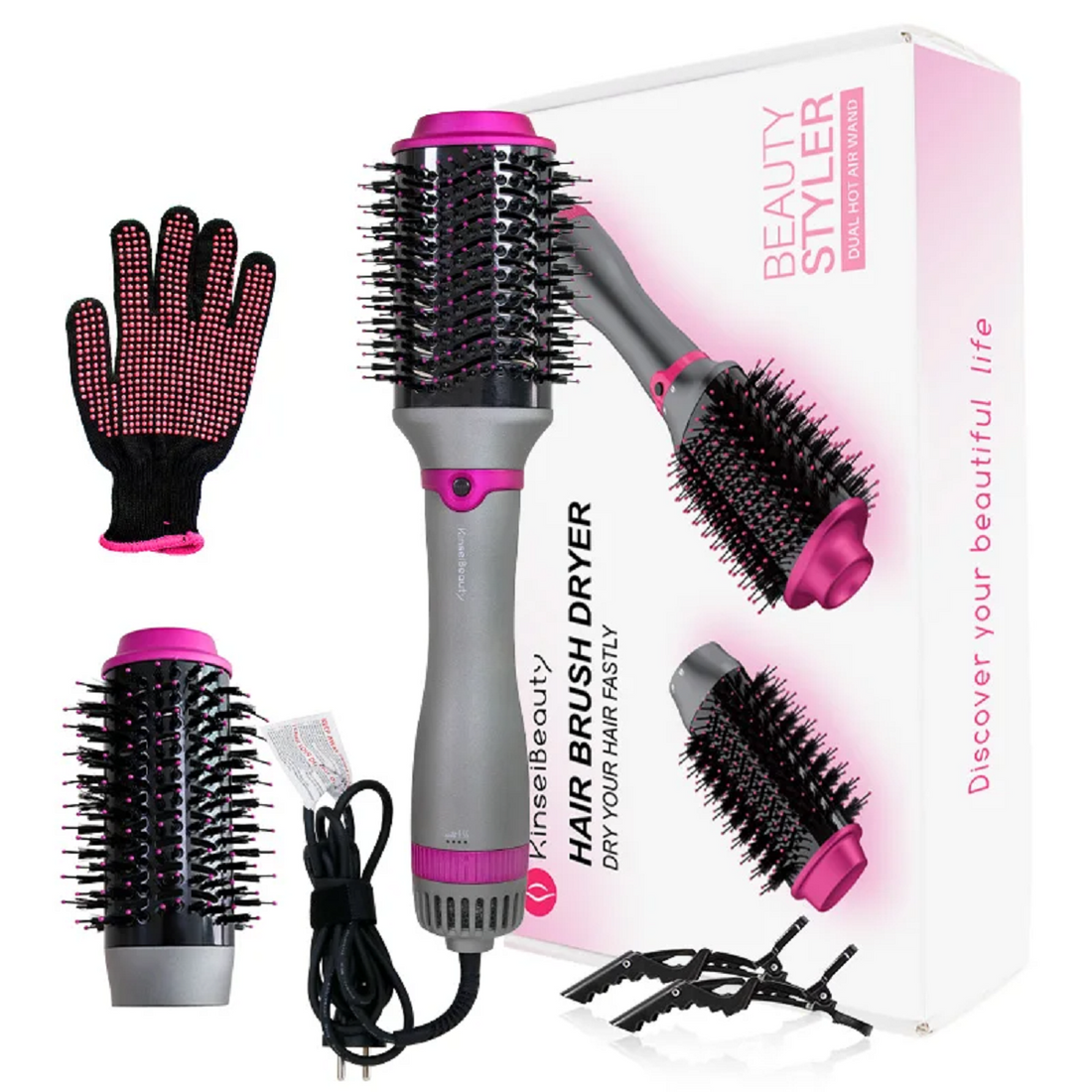 Hair Dryer Hot Air Brush Replaceable Head Straightener Curler Comb