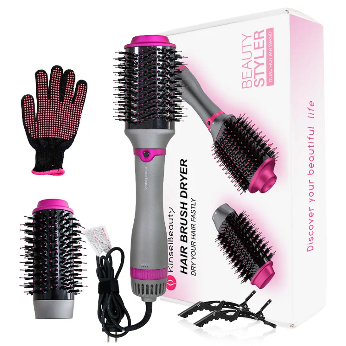 Hair Dryer Hot Air Brush Replaceable Head Straightener Curler Comb