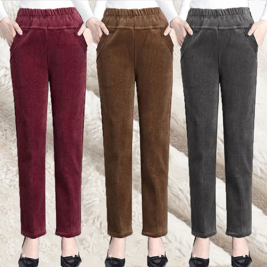 Women's Corduroy Warm Plush Thick High Waist Pants Trousers