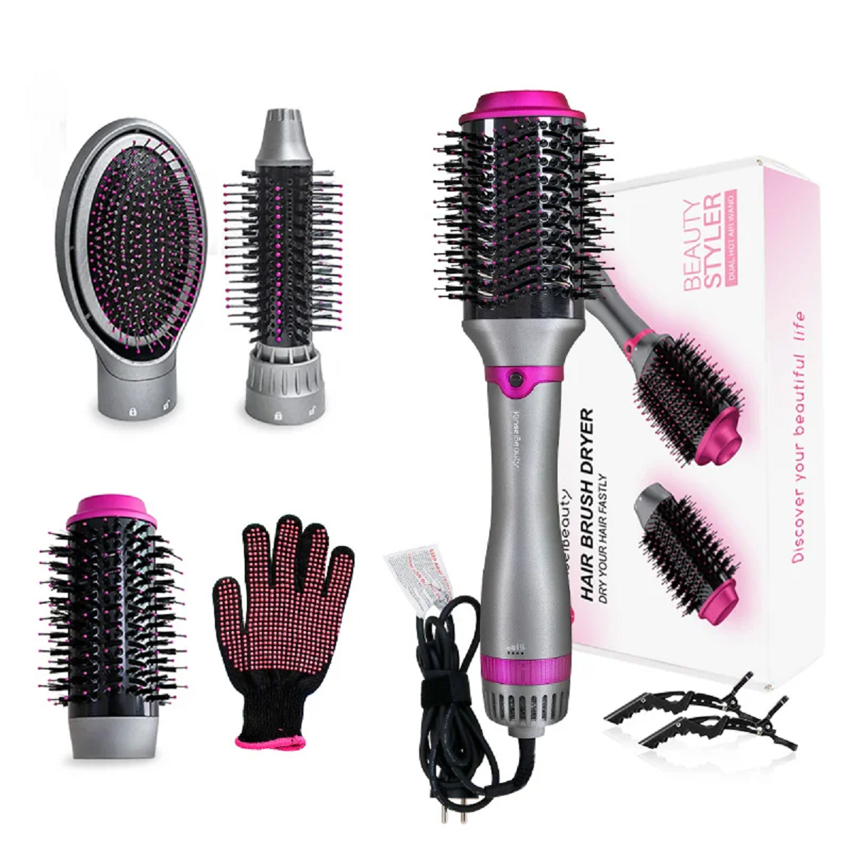 Hair Dryer Hot Air Brush Replaceable Head Straightener Curler Comb