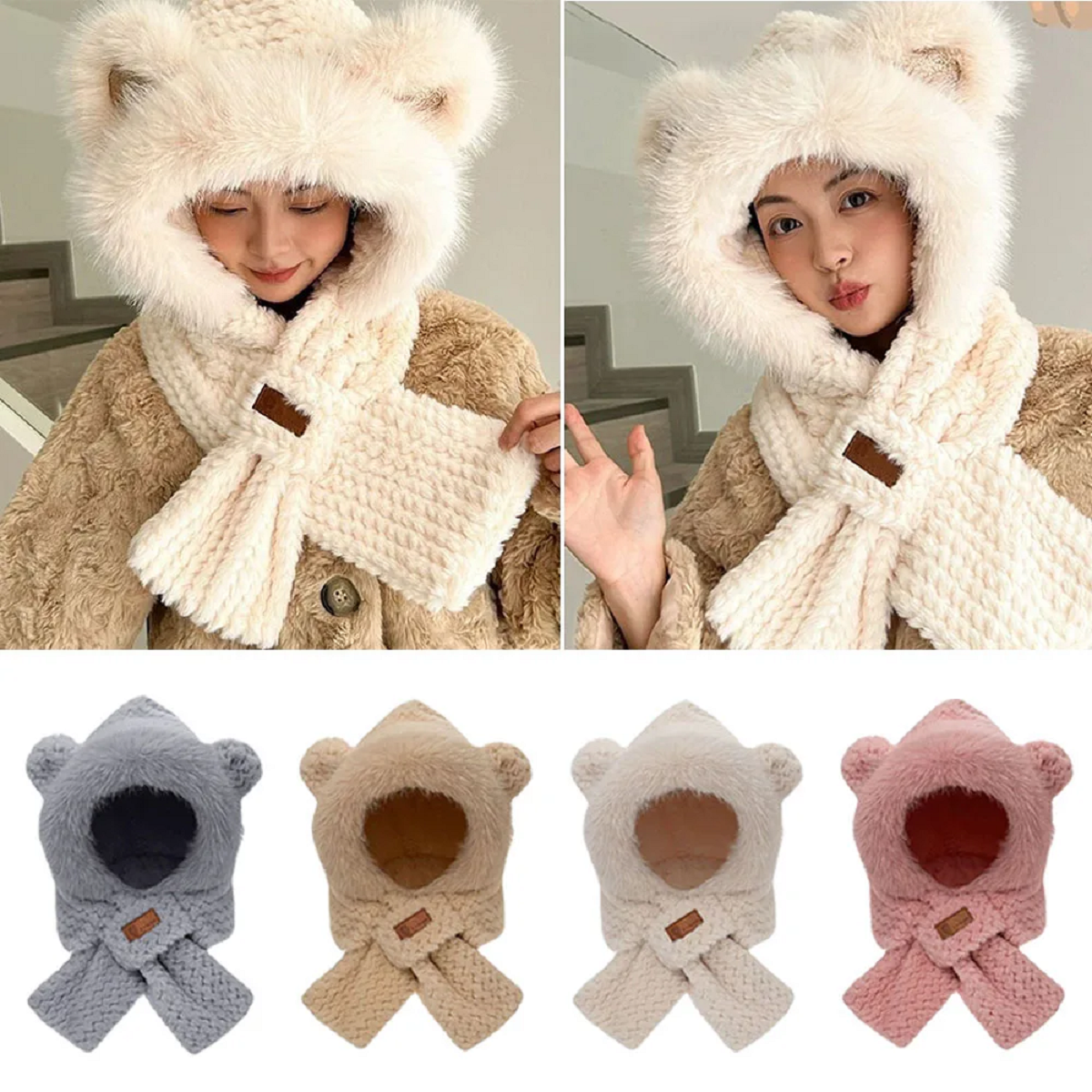 Knitted Fleece Cross Scarves  Ear And Neck Protection Hat Scarf Set