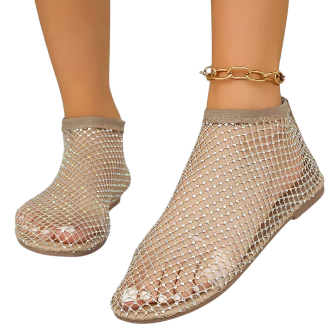 Mesh Flats Round Toe Rhinestone Sandals