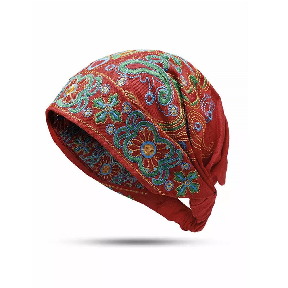 Vintage Embroidery Flowers Headwear Hats Cotton Slouchy Beanie Cap Scarf