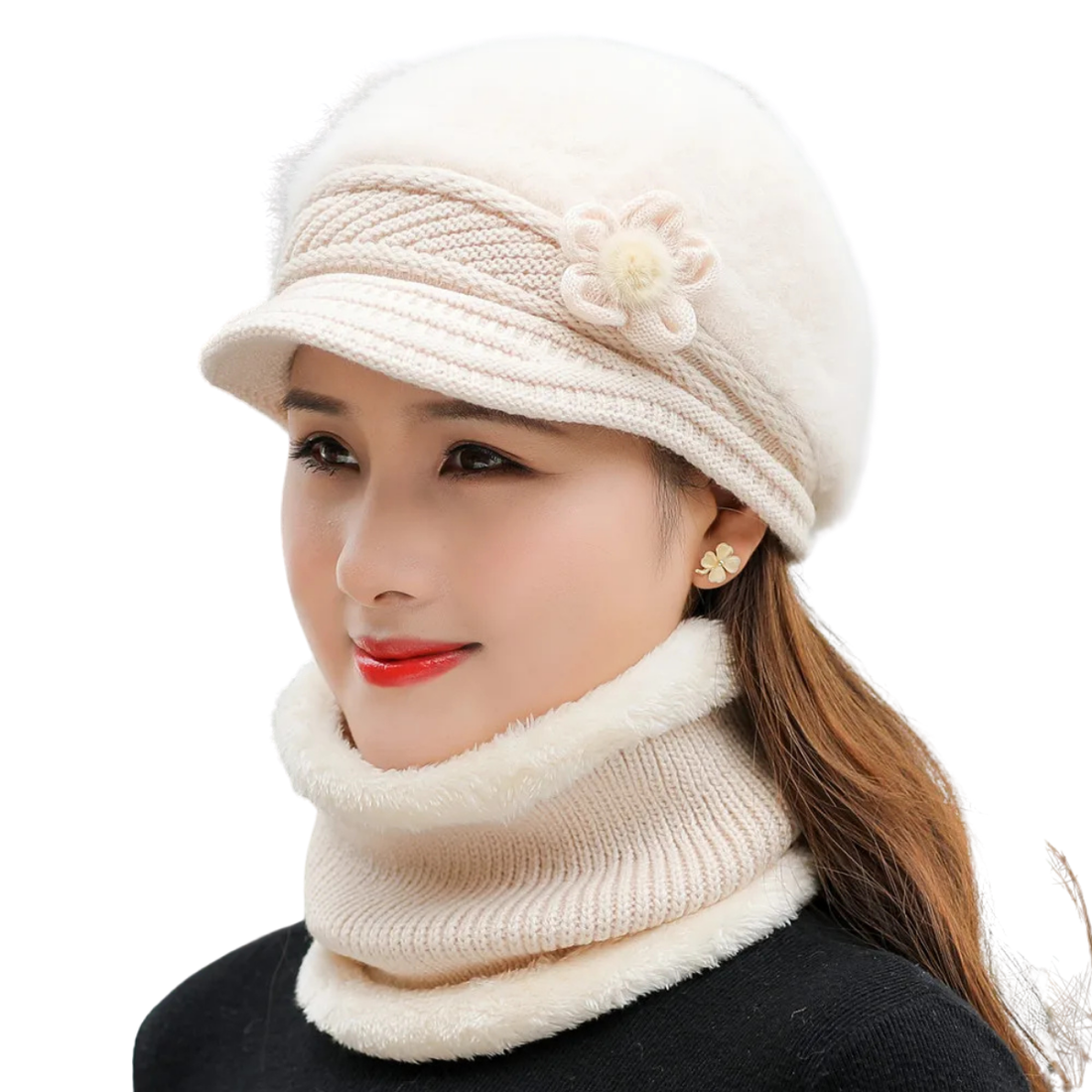 Women’s Winter Hat & Scarf Set – Faux Fur Lined Knitted Cap