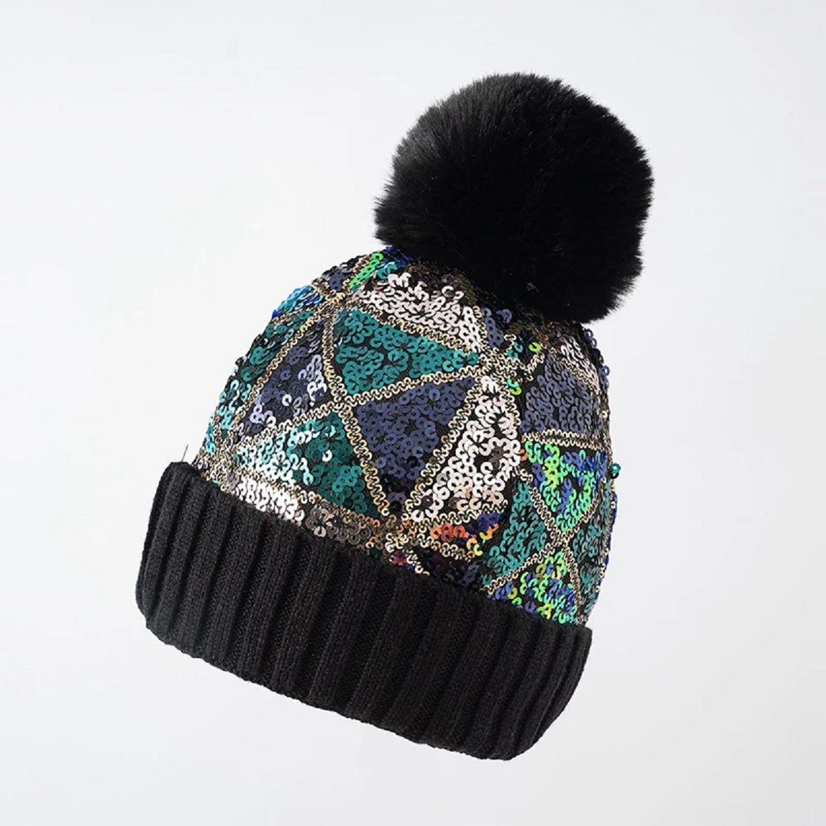 Women's Sequin Knitted Beanie Hat Shiny Bling Skull Cap