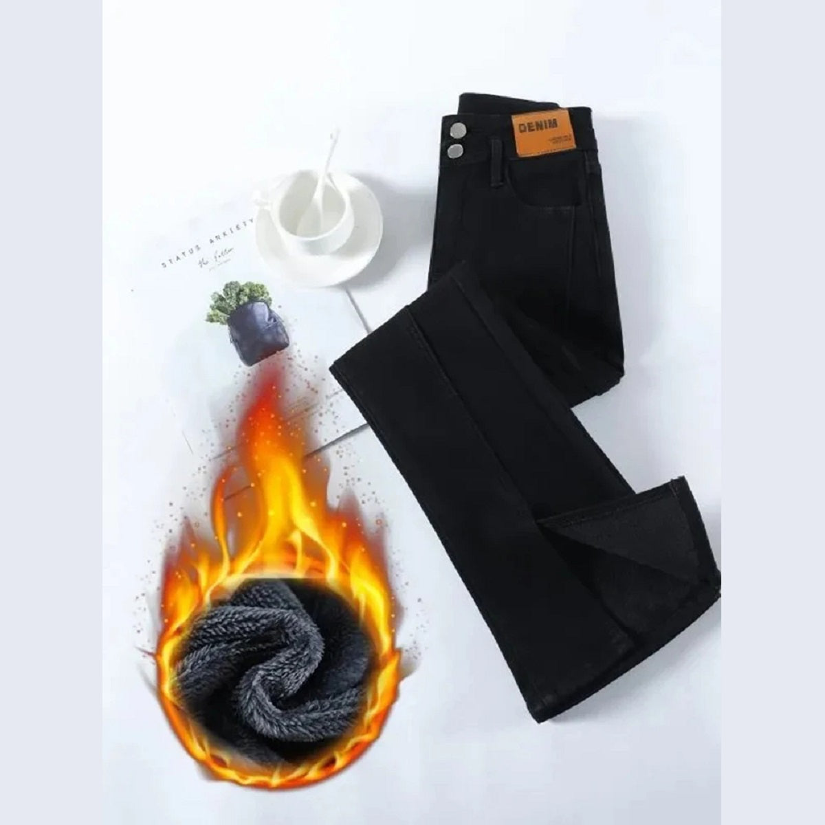 Women's Thicken Button Skinny Winter Warm Plus Velvet Lined Denim Pants