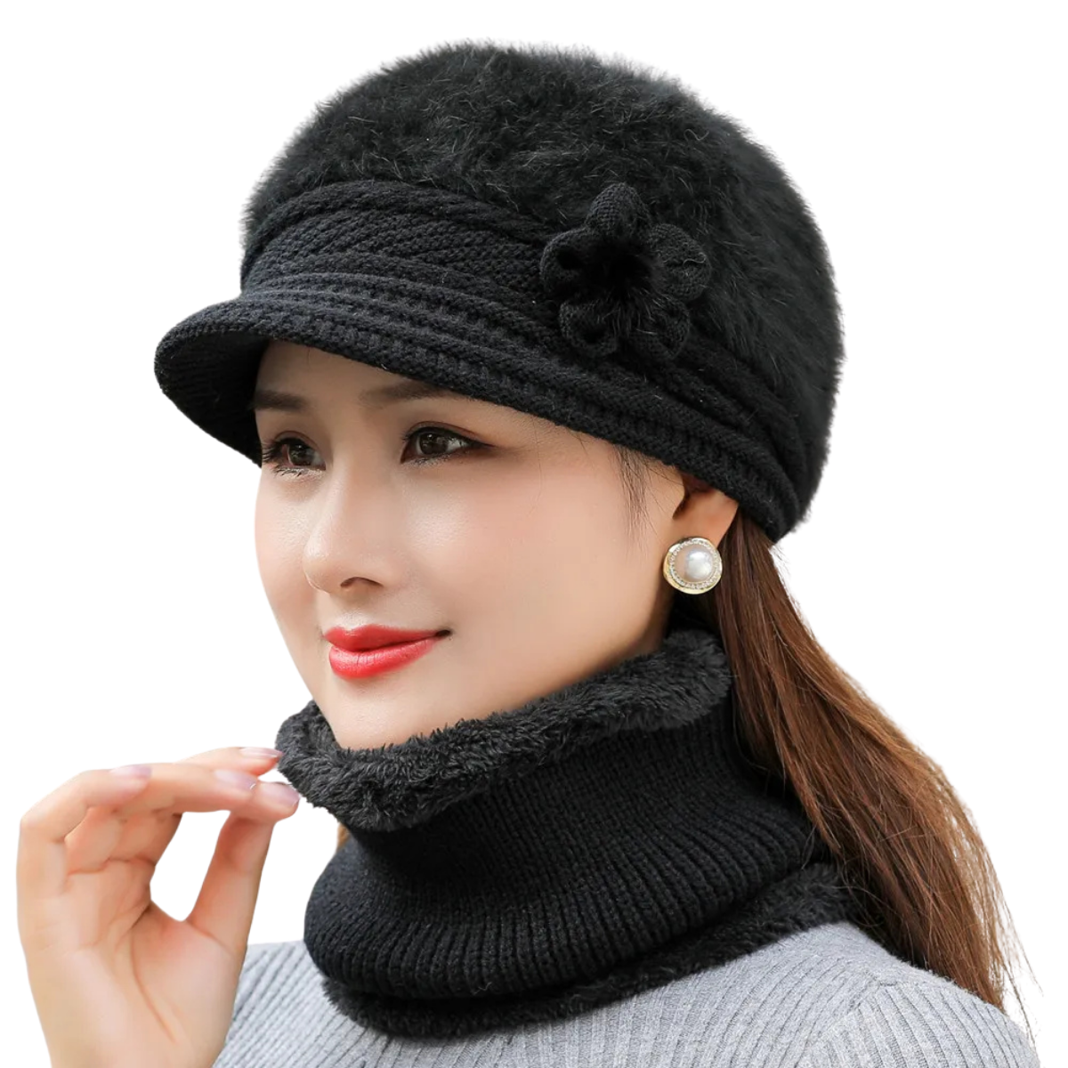Women’s Winter Hat & Scarf Set – Faux Fur Lined Knitted Cap