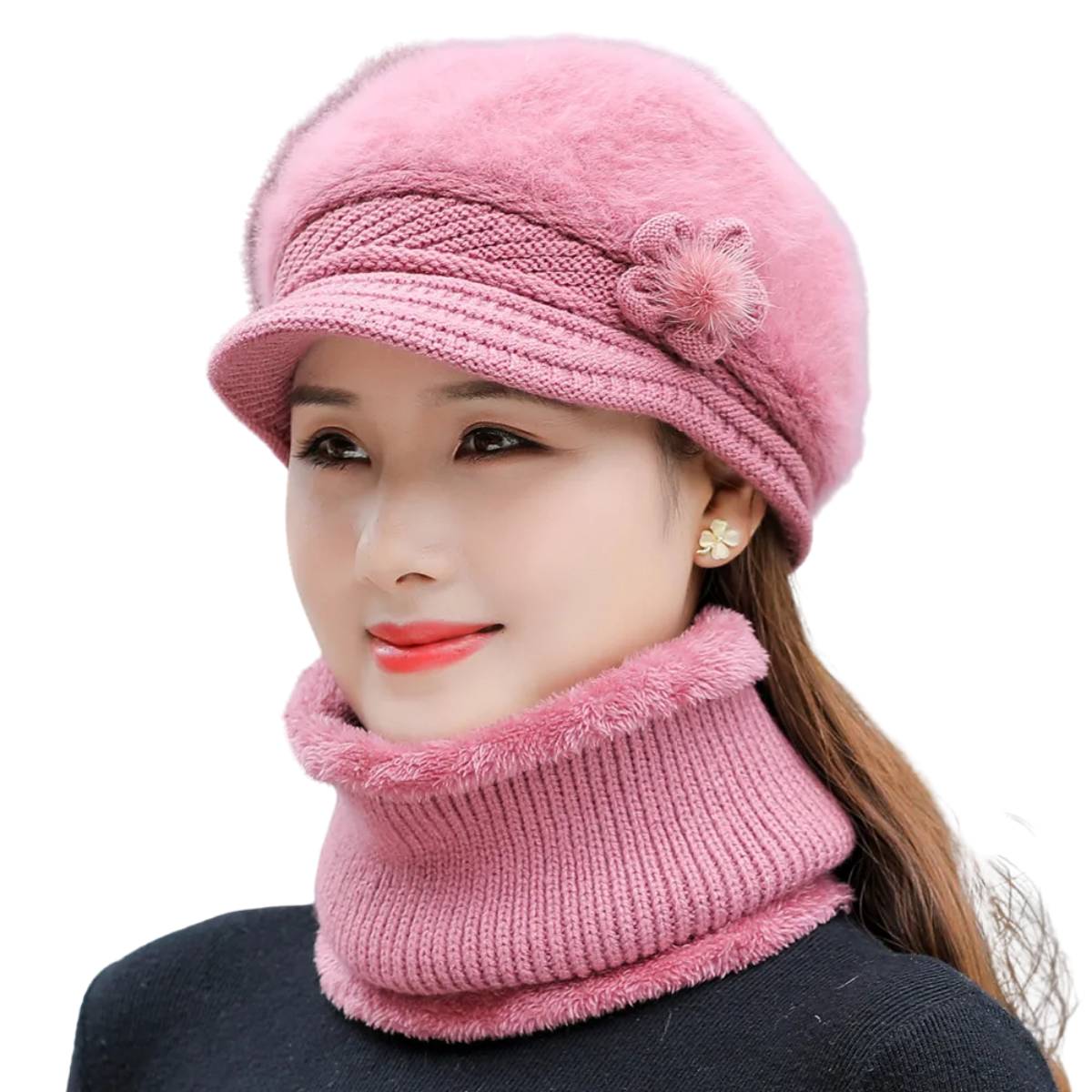 Women’s Winter Hat & Scarf Set – Faux Fur Lined Knitted Cap