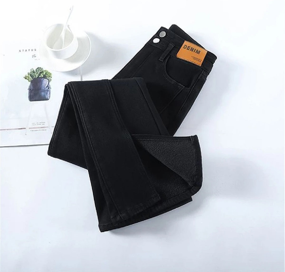 Women's Thicken Button Skinny Winter Warm Plus Velvet Lined Denim Pants