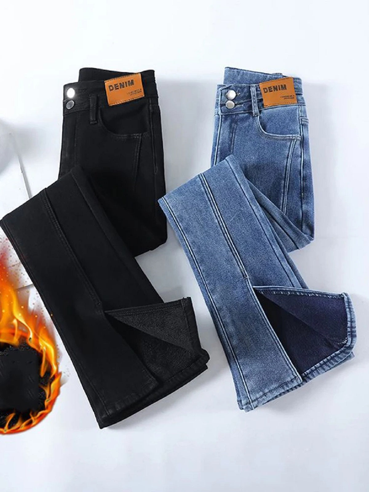 Women's Thicken Button Skinny Winter Warm Plus Velvet Lined Denim Pants