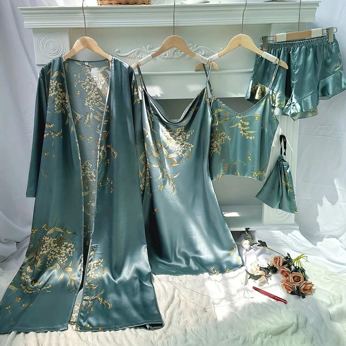 Women's 5 Piece Floral Print Satin Pajama Set