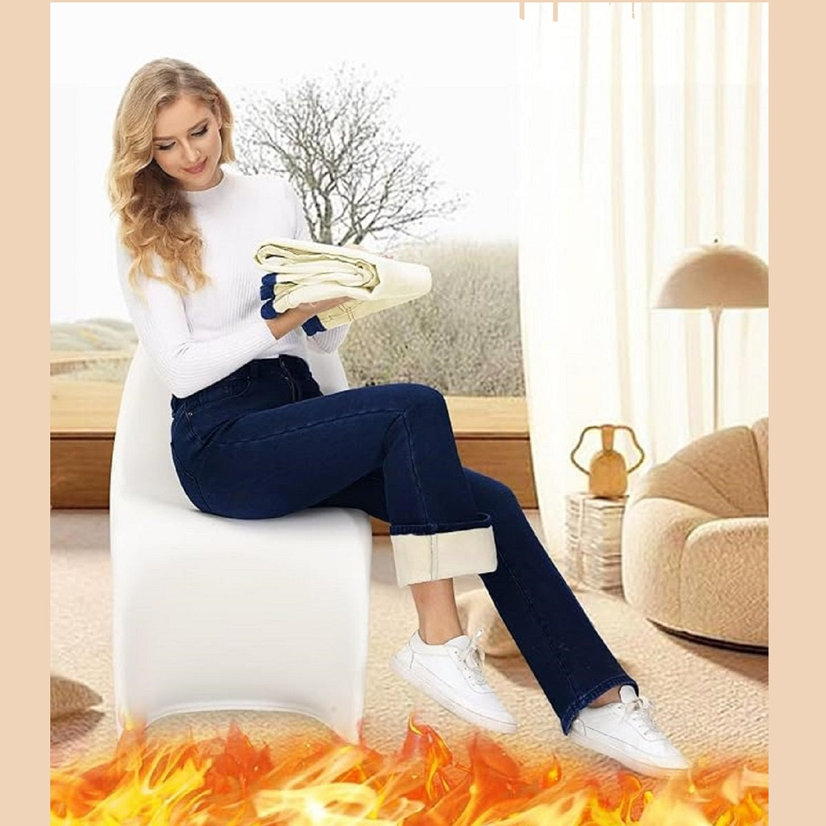 Women's Thicken Button Skinny Winter Warm Plus Velvet Lined Denim Pants