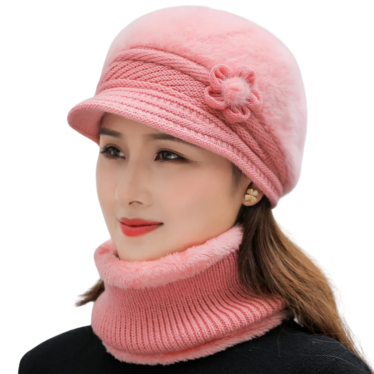 Women’s Winter Hat & Scarf Set – Faux Fur Lined Knitted Cap