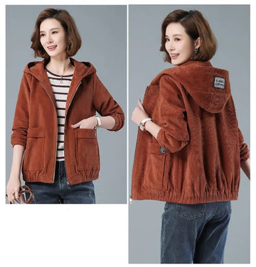 Women's Spring Fall Corduroy Casual Hooded Jacket
