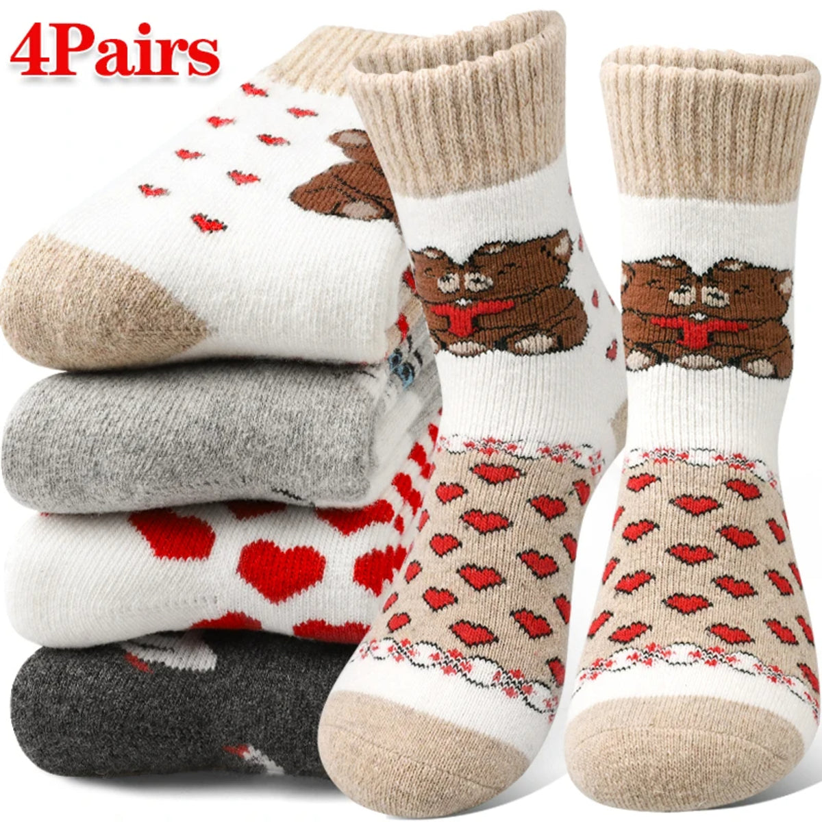 Women’s 4 Pairs Crew Socks – Bear and Heart Print Plush Knit Winter Comfort