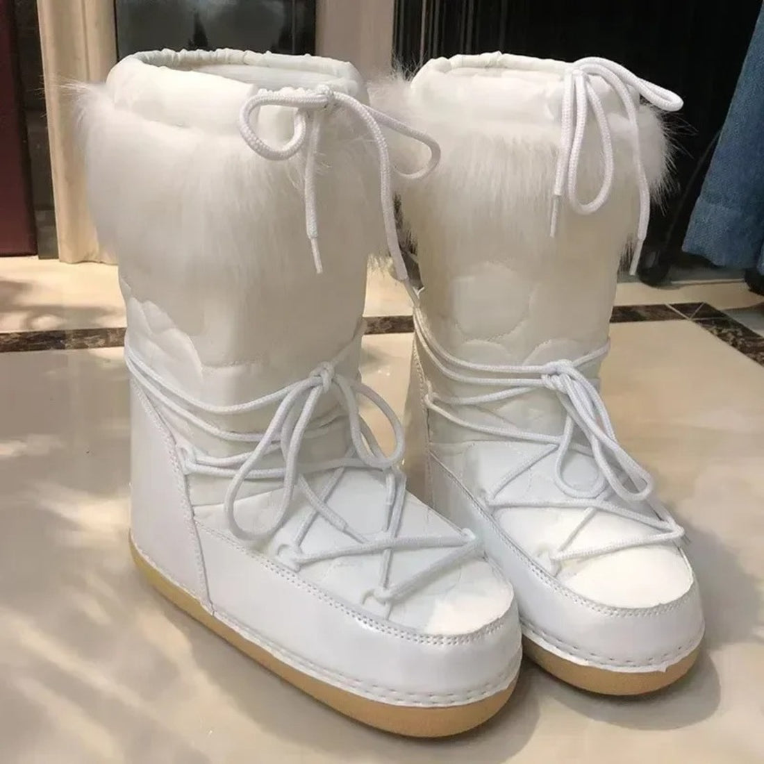 Women’s Winter Snow Boots – Fluffy Lace-Up Mid-Calf Ski Boots