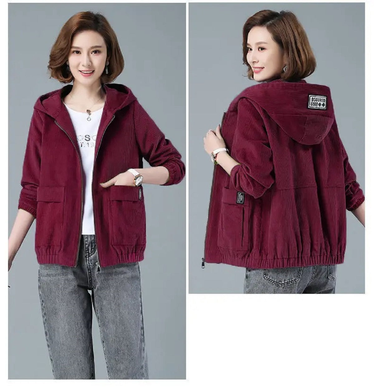 Women's Spring Fall Corduroy Casual Hooded Jacket