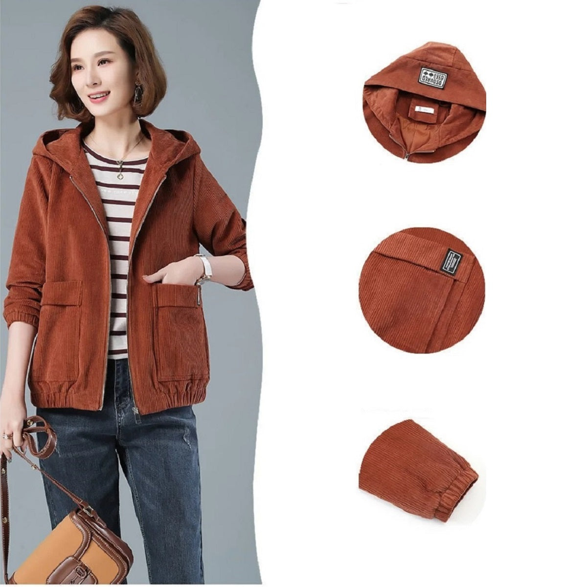 Women's Spring Fall Corduroy Casual Hooded Jacket