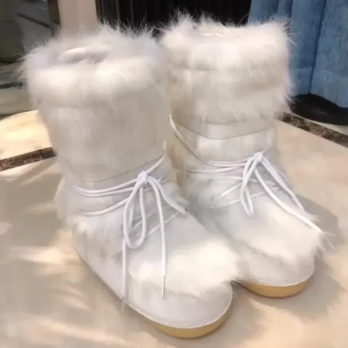 Women’s Winter Snow Boots – Fluffy Lace-Up Mid-Calf Ski Boots