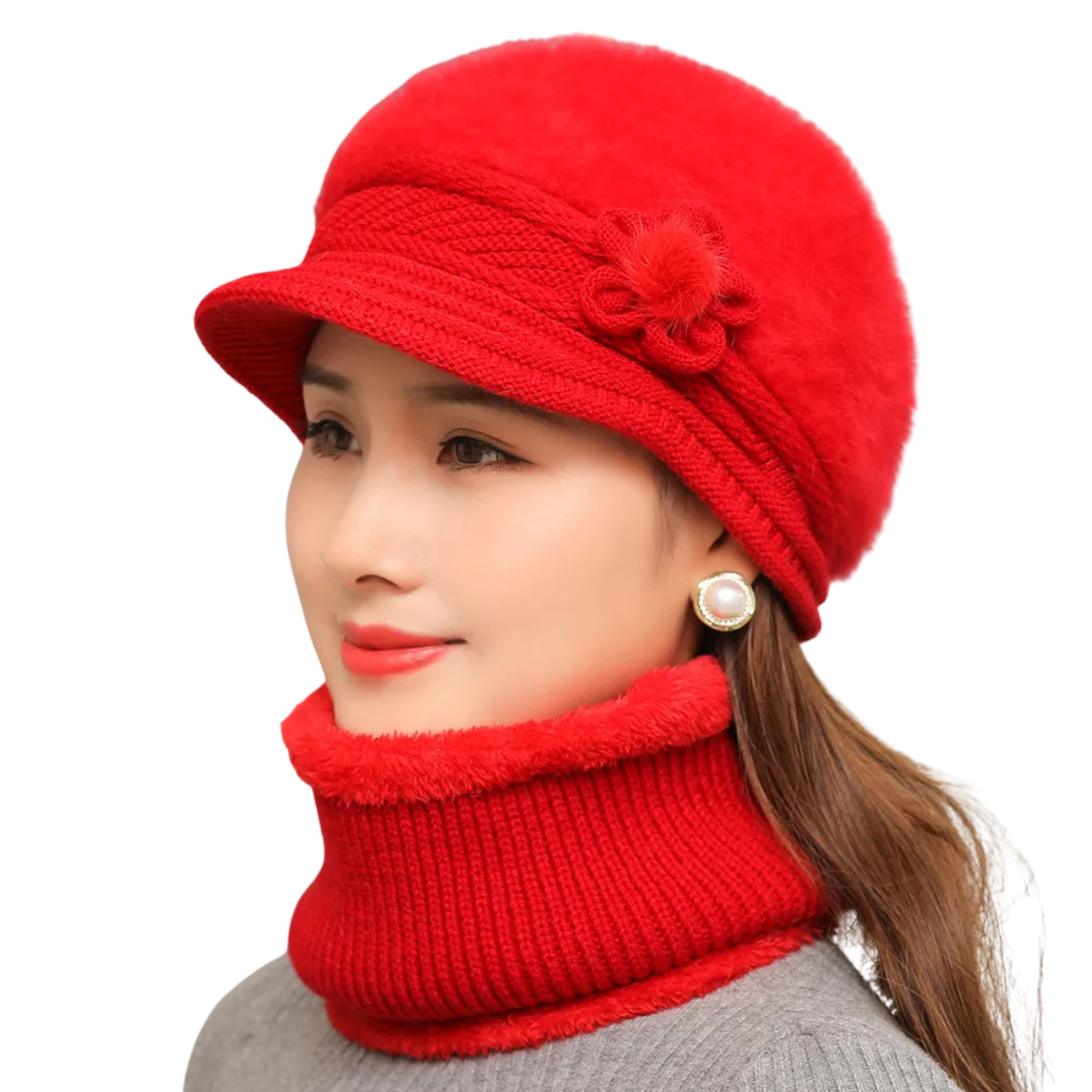 Women’s Winter Hat & Scarf Set – Faux Fur Lined Knitted Cap