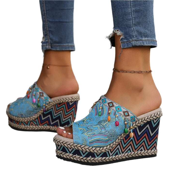 Women’s Peep Toe Wedge Sandals – Summer Chunky Platform Sky Blue Fashion Shoes