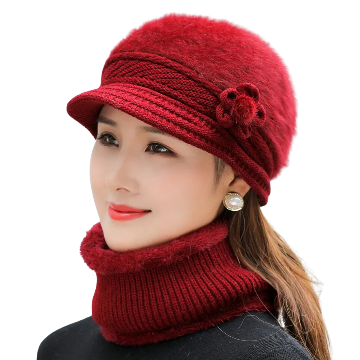 Women’s Winter Hat & Scarf Set – Faux Fur Lined Knitted Cap