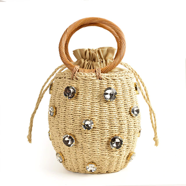 Handmade rhinestone crystal embellished small straw bucket bags
