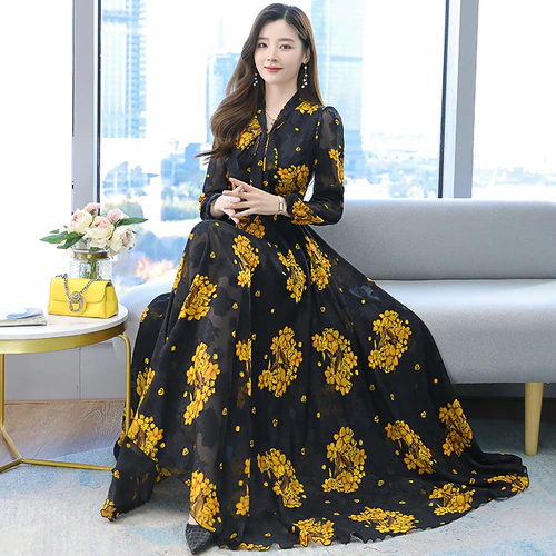 Women's Vintage Floral Printed  Chiffon Maxi  Long Sleeve Dress