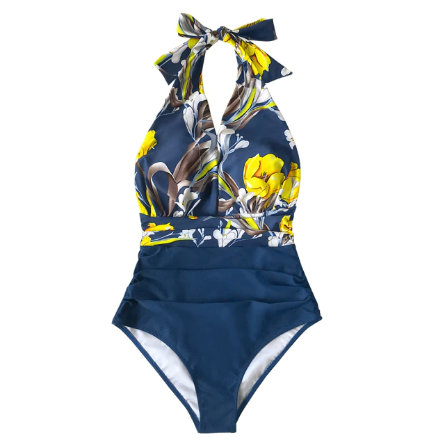 Navy floral V-neck halter swimsuit backless monokini