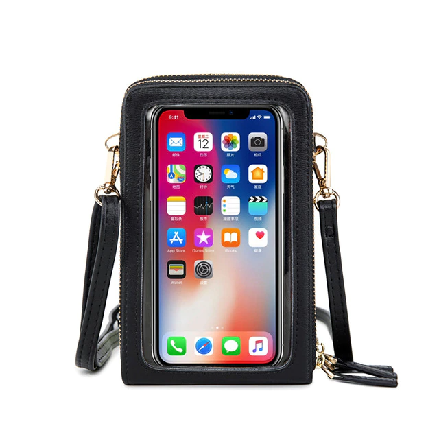 Touch screen waterproof leather crossbody phone bag