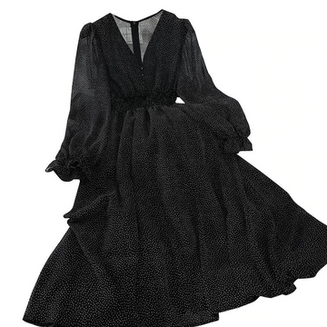 Autumn V Neck Polka Dot Slim Chiffon  Mid-calf Dress