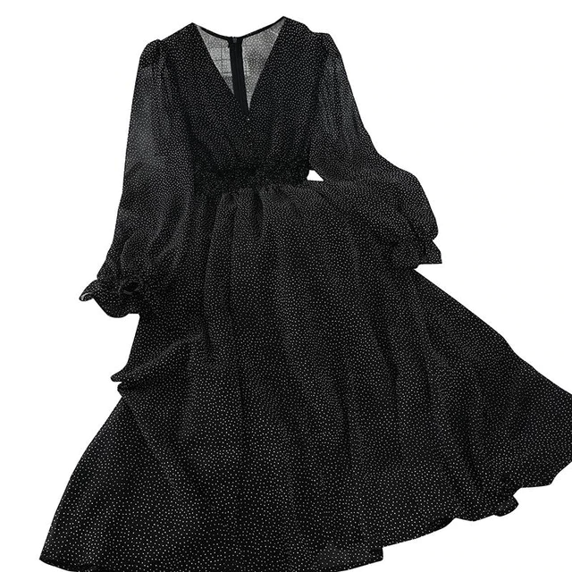 Autumn V Neck Polka Dot Slim Chiffon  Mid-calf Dress