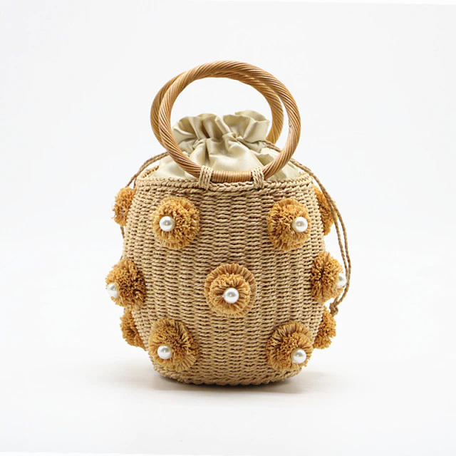 Handmade rhinestone crystal embellished small straw bucket bags