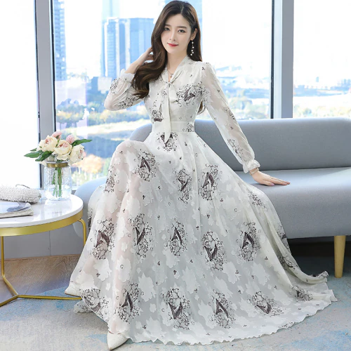 Women's Vintage Floral Printed  Chiffon Maxi  Long Sleeve Dress