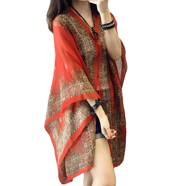 Autumn Summer Woman Chiffon  Flower Shawl Cover Ups Long Sleeve Shirts