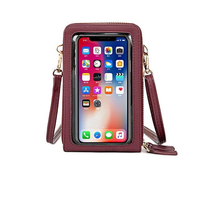Touch screen waterproof leather crossbody phone bag
