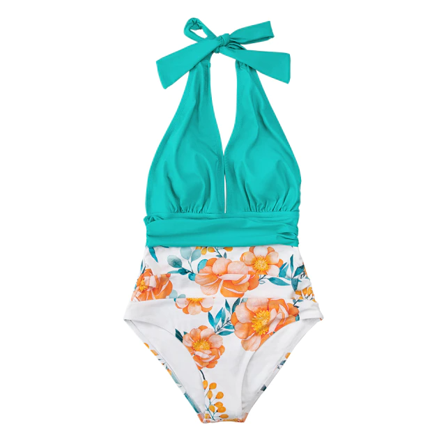 Navy floral V-neck halter swimsuit backless monokini