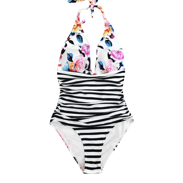 Navy floral V-neck halter swimsuit backless monokini