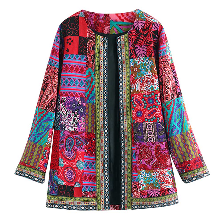 Fashion Autumn Winter Ethnic Floral Print Long Sleeve Loose Jacket Coat