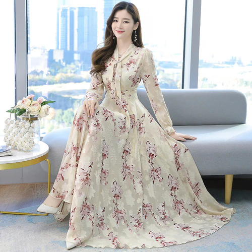 Women's Vintage Floral Printed  Chiffon Maxi  Long Sleeve Dress