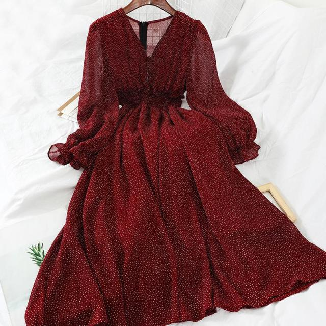Autumn V Neck Polka Dot Slim Chiffon  Mid-calf Dress