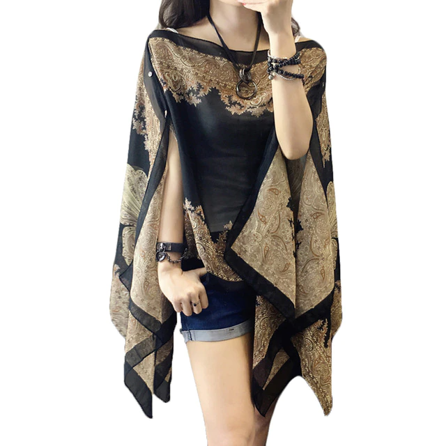 Autumn Summer Woman Chiffon  Flower Shawl Cover Ups Long Sleeve Shirts