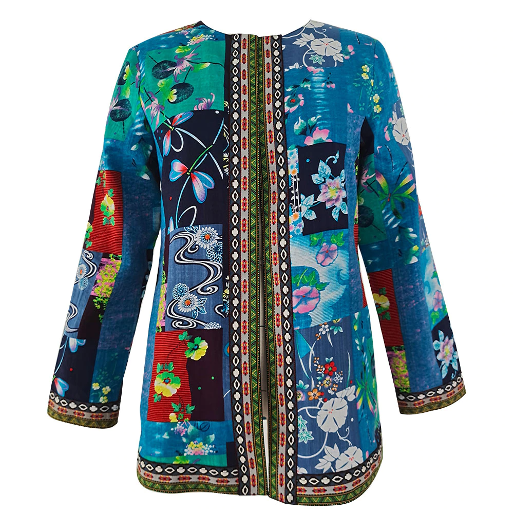 Fashion Autumn Winter Ethnic Floral Print Long Sleeve Loose Jacket Coat