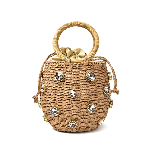 Handmade rhinestone crystal embellished small straw bucket bags