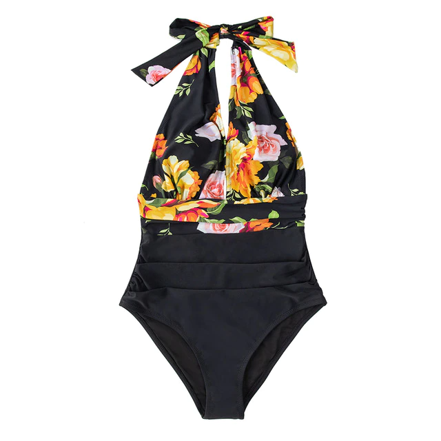 Navy floral V-neck halter swimsuit backless monokini