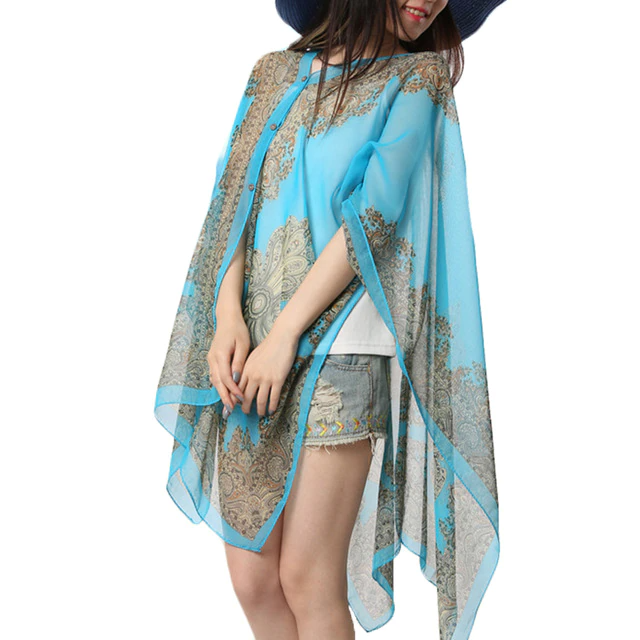 Autumn Summer Woman Chiffon  Flower Shawl Cover Ups Long Sleeve Shirts