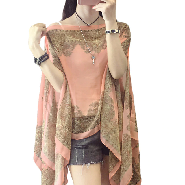Autumn Summer Woman Chiffon  Flower Shawl Cover Ups Long Sleeve Shirts